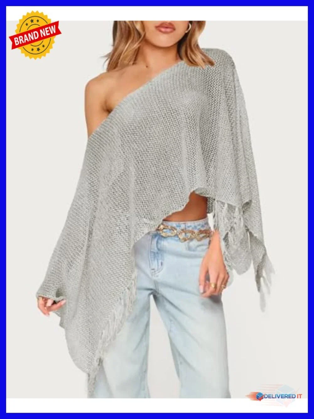 Lightweight Sheer Poncho Wrap Fringe One Shoulder Knit Cover Up